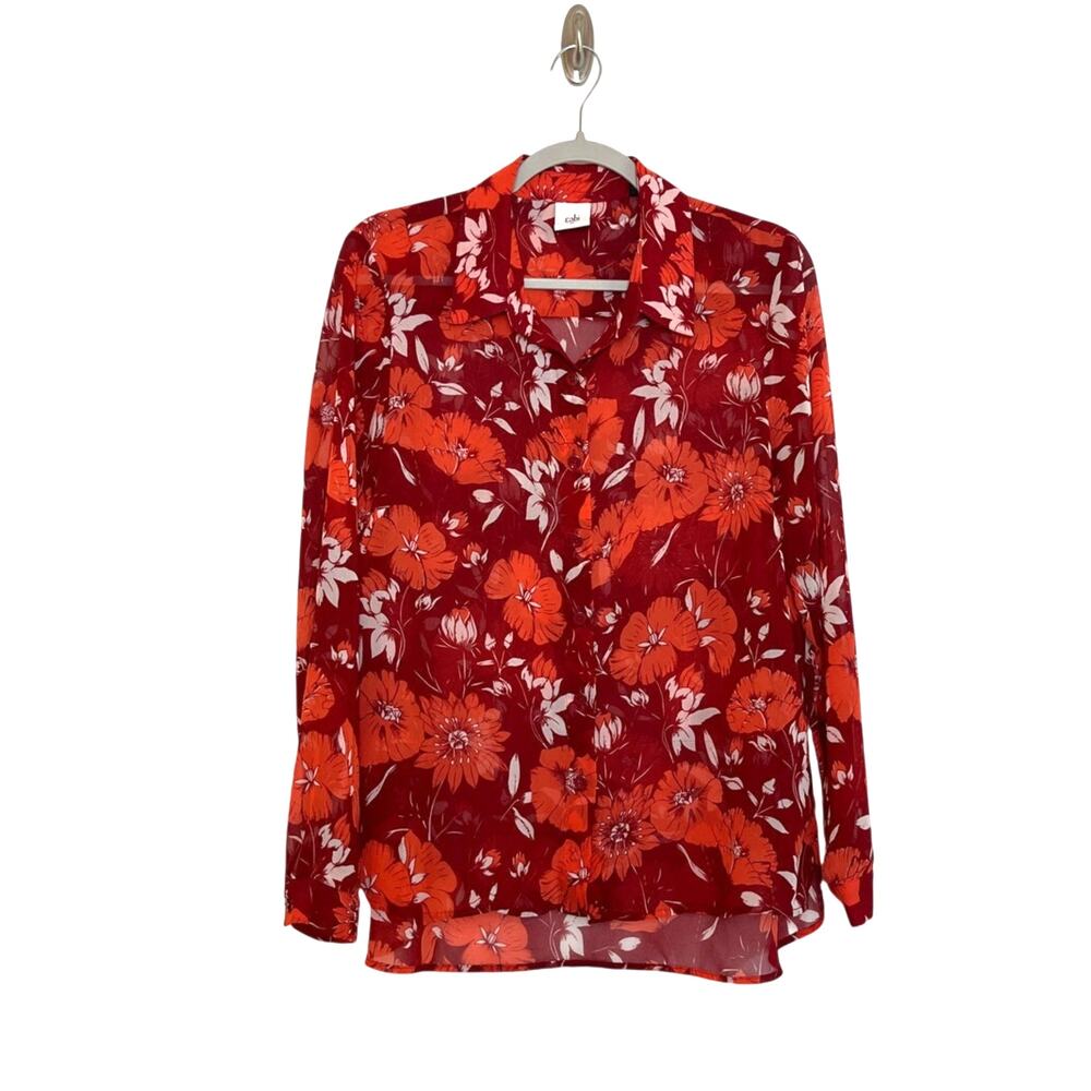 Cabi 3766 Hothouse Sheer Floral Long Sleeve Button Up Blouse Red Sz Medium